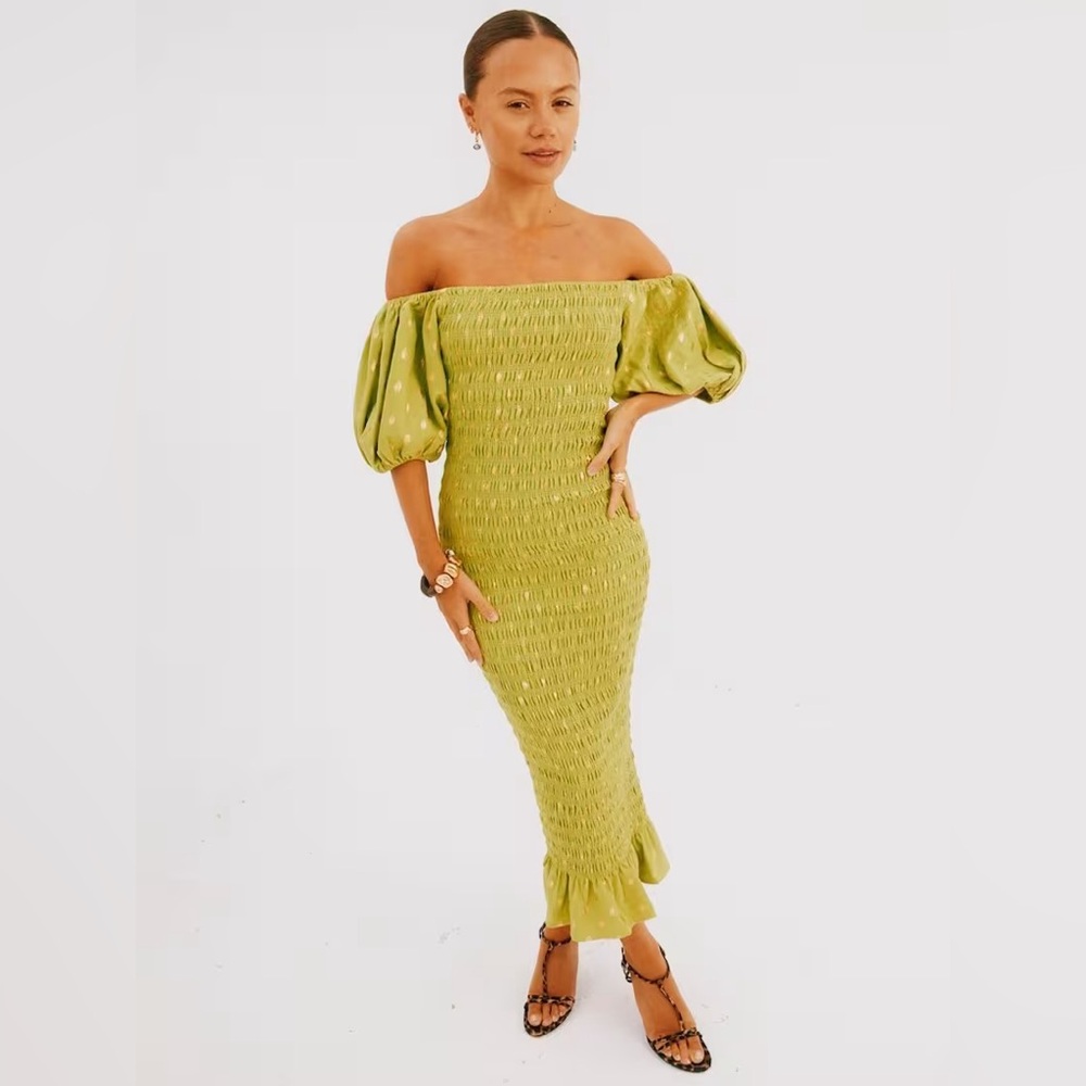 Never Fully Dressed Lime Green Off-Shoulder Midi Dress
